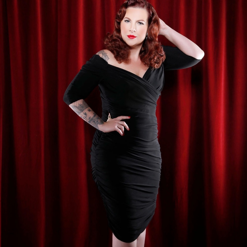 Pin up Girl Laura Bynes Wiggle Dress with V-Neck and 3/4 Sleeves